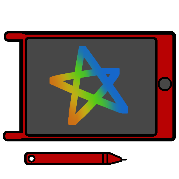 A red LCD tablet with a star drawn on it, and a matching stylus below it.